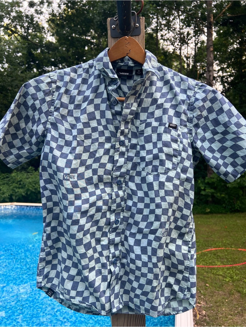 Vans Men’s Blue and White Checkerboard Short Sleeve Button-Up Shirt